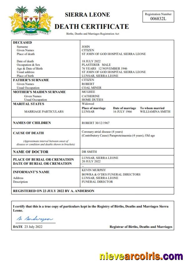 Sierra Leone death certificate